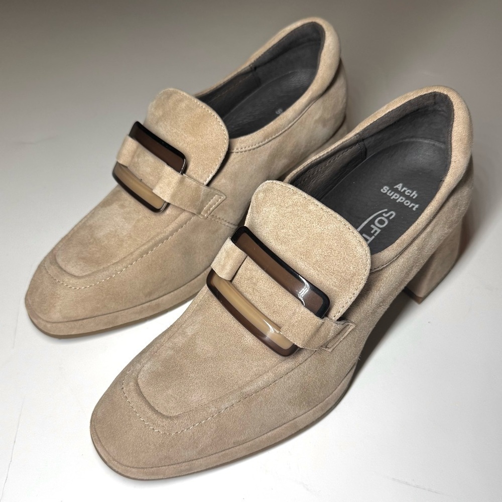 Softwaves Women’s Lina Tan Suede Heeled Loafers with  Buckle Size- 38.5